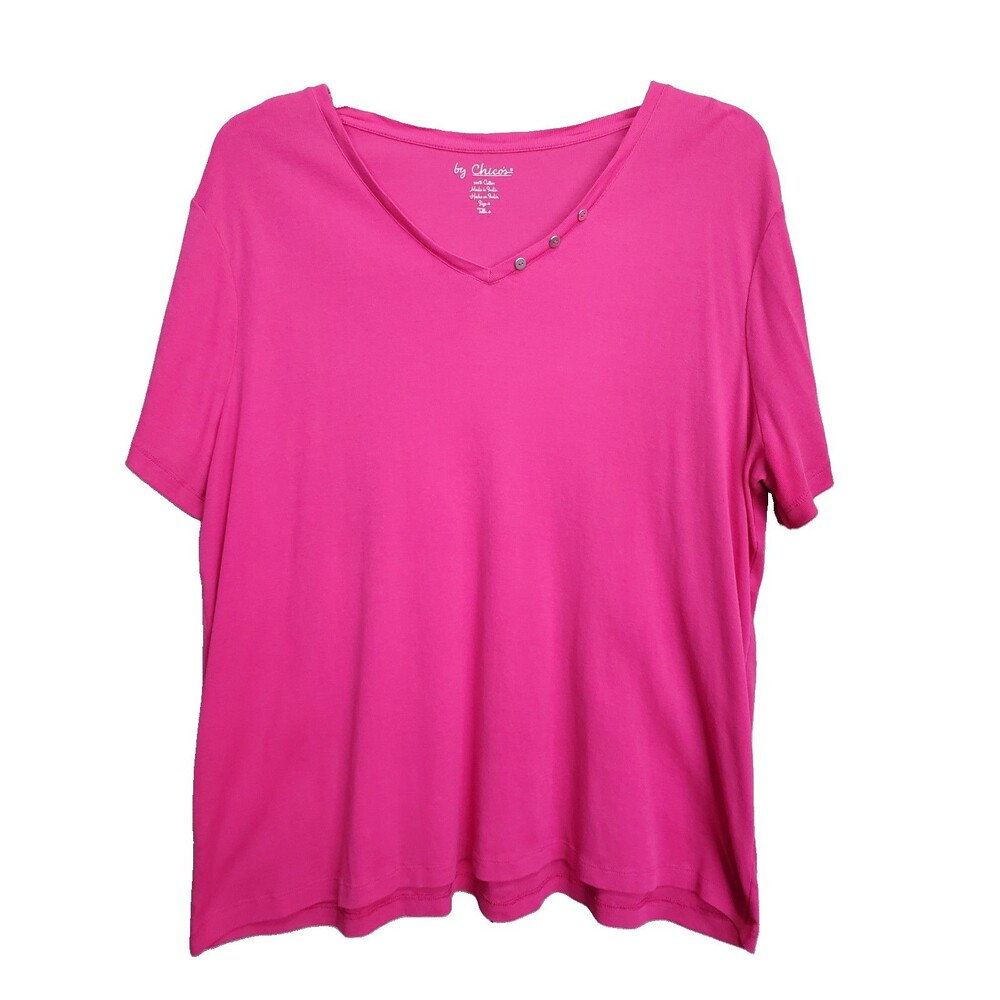 Chico's Pink Cotton Button-Accent V-Neck Short Sleeve Top Size 4 (XXL)